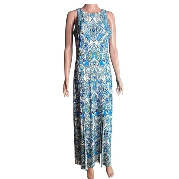 London Times Dresses & Skirts - London Times Paisley Medallion Maxi Dress Split Hem 10 Retro Hippie Bohemian